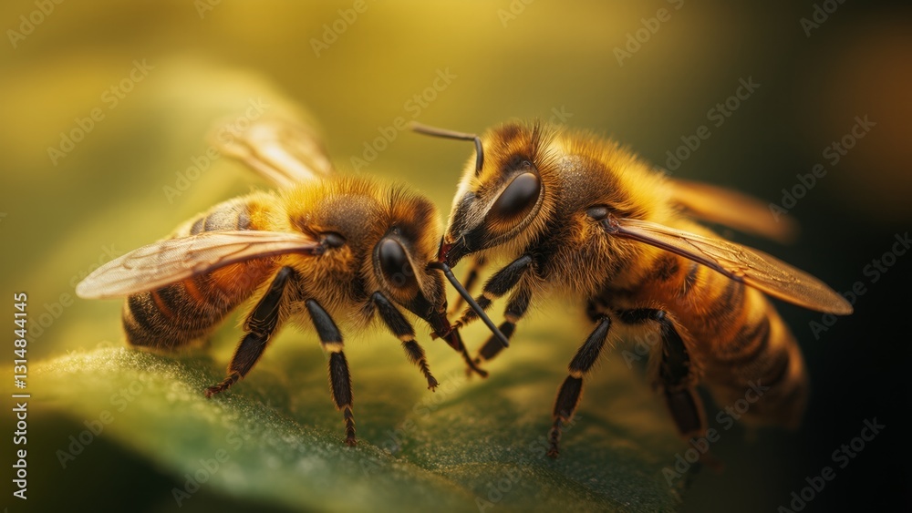 Close-up macro shot of two bees interacting on a green leaf, showcasing their fuzzy bodies, detailed wings, and delicate antennae, set against a vibrant natural background Close-up macro shot of two bees interacting on a green leaf, showcasing their fuzzy bodies, detailed wings, and delicate antennae, set against a vibrant natural background
