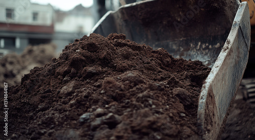 Wallpaper Mural Front view of an excavator bucket overflowing with fresh dirt, showcasing the machinery's power and effectiveness at a busy construction site Torontodigital.ca