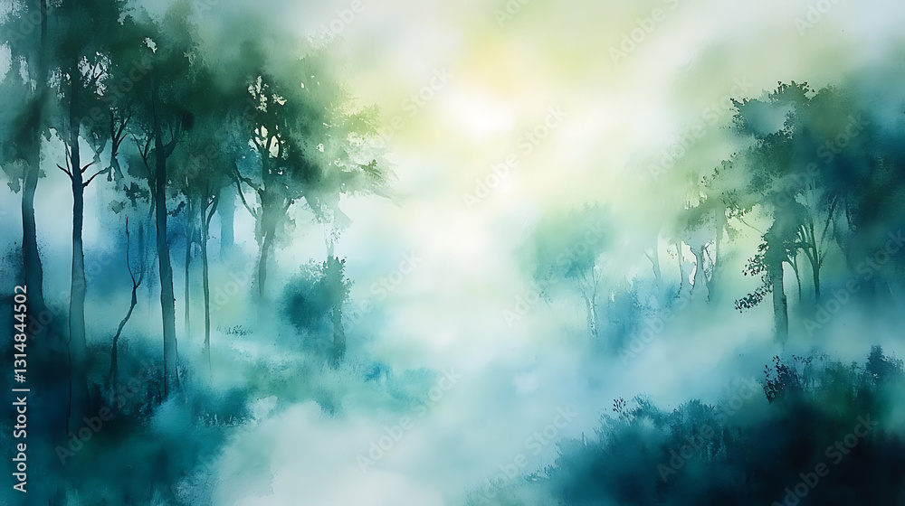 Fototapeta premium A painting of a forest with trees and a river