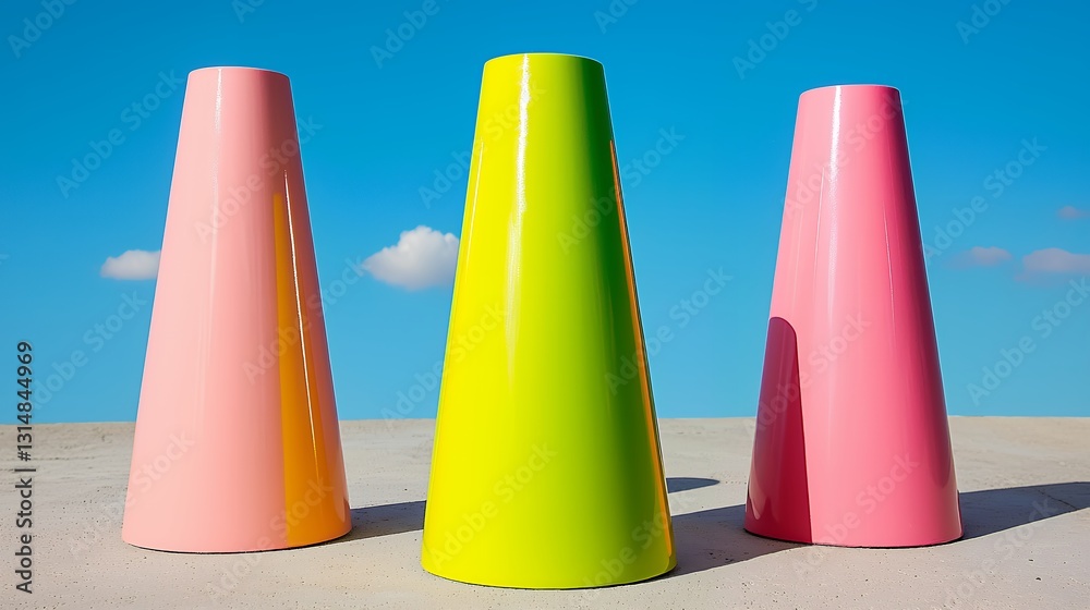 Three Brightly Colored Cones Against a Sunny Sky Three Brightly Colored Cones Against a Sunny Sky