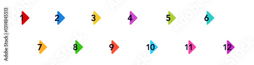 Colorful and vibrant numbered arrows from one to twelve, showcasing a geometric design with numbers.