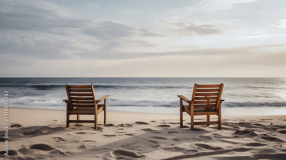 Two wooden beach chairs are facing the ocean Two wooden beach chairs are facing the ocean