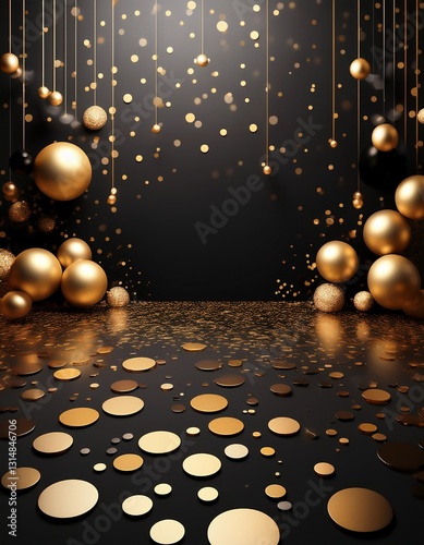 Luxurious Black & Gold Party Background - A glamorous black and gold background with floating and scattered metallic polka dots. Perfect for party invitations, event flyers, and greeting cards.