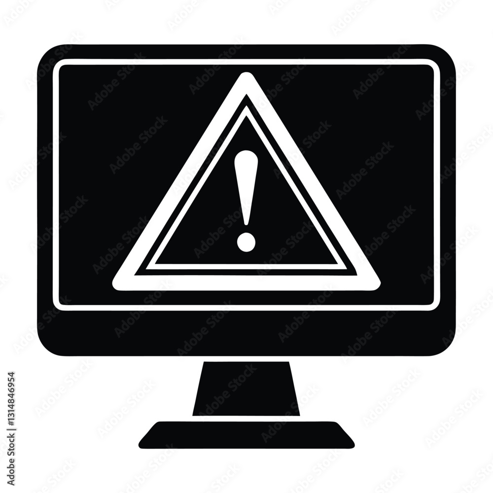 Computer Monitor Displaying a Warning Sign Silhouette in Flat Vector Computer Monitor Displaying a Warning Sign Silhouette in Flat Vector
