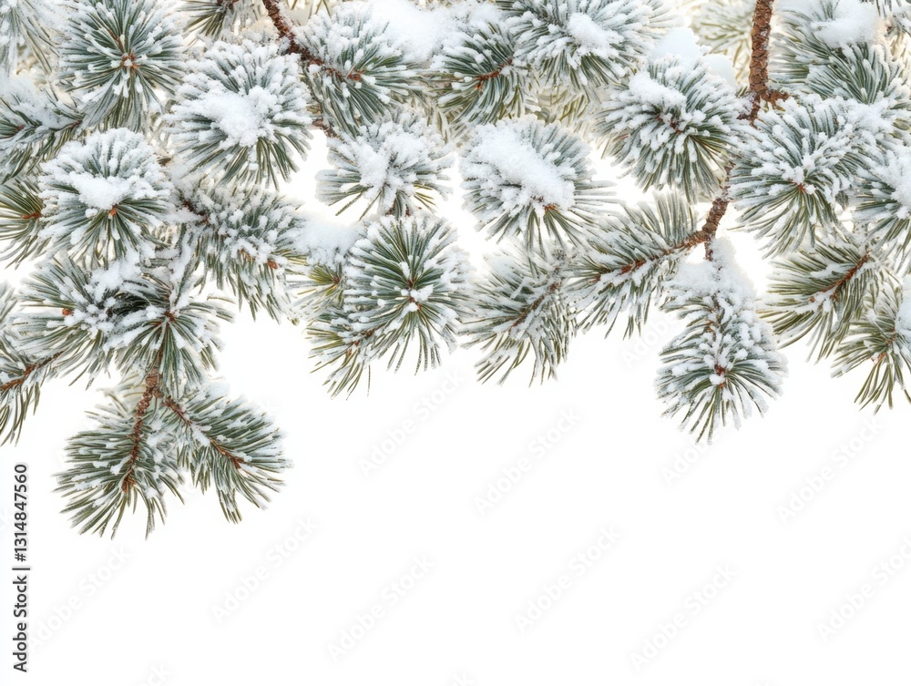Snowy Pine Branches Against a White Backdrop Capturing Winter's Beauty in a Delicate and Serene Composition with Natural Light