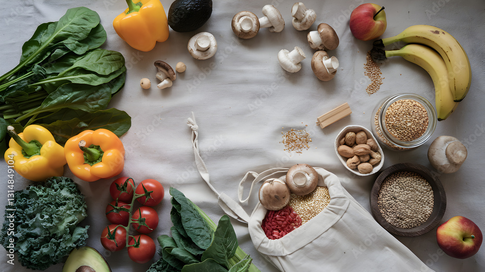 Fresh vegetables and fruits arranged artistically on a table, showcasing healthy ingredients for cooking Fresh vegetables and fruits arranged artistically on a table, showcasing healthy ingredients for cooking
