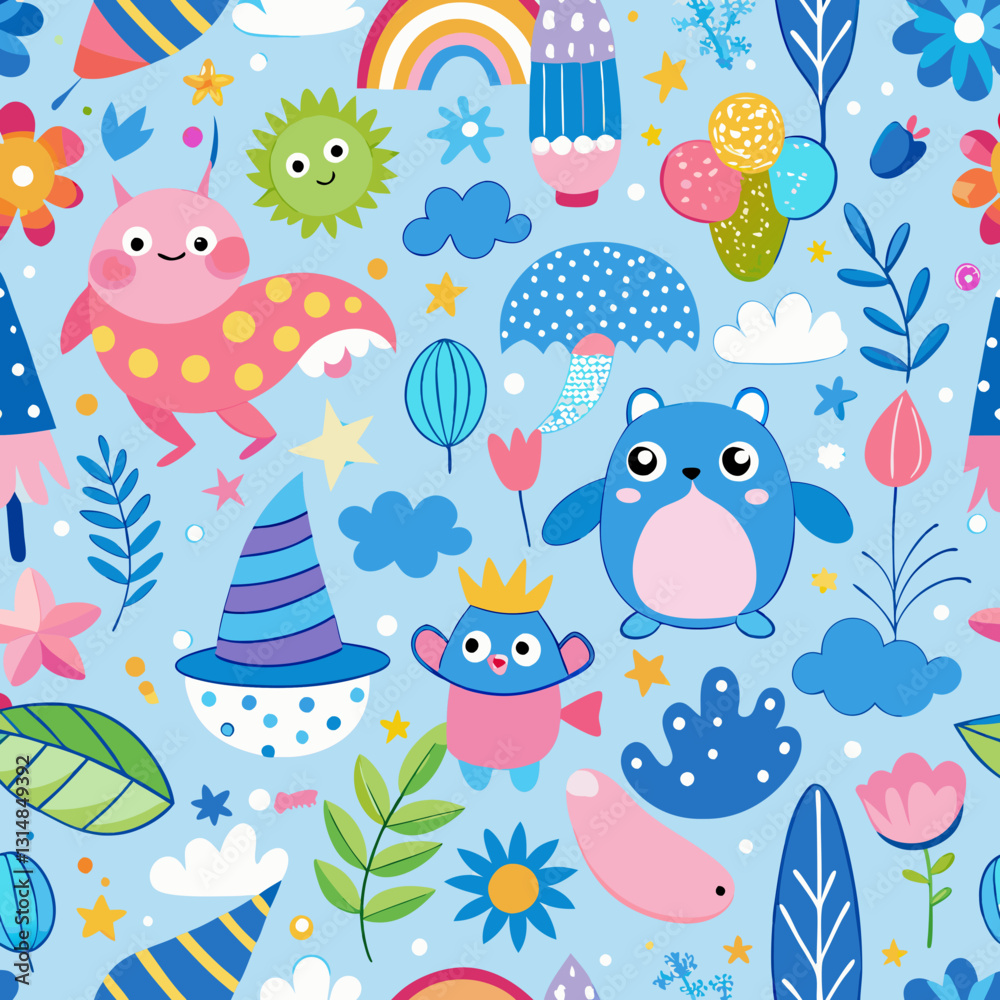 Whimsical Wonderland: A vibrant, eye-catching, repeating pattern of quirky creatures, charming flora, and whimsical objects, painted against a bright, cheerful backdrop of the sky. Whimsical Wonderland: A vibrant, eye-catching, repeating pattern of quirky creatures, charming flora, and whimsical objects, painted against a bright, cheerful backdrop of the sky.