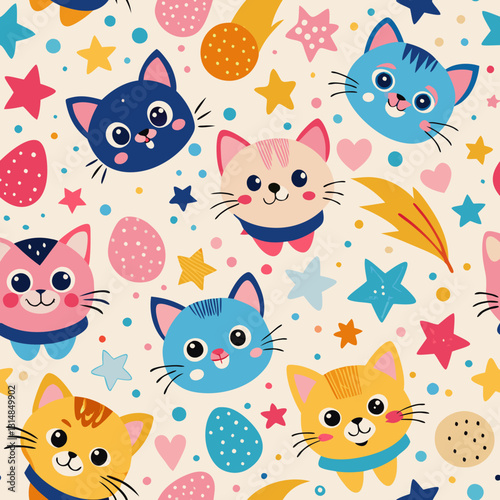 Whimsical Cats and Celestial Wonders: A vibrant and playful seamless pattern filled with adorable cartoon cats amidst stars, hearts, and cosmic elements, creating a cheerful and imaginative design.