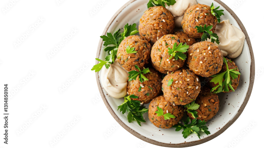 Falafel balls with tahini sauce and parsley on transparent background