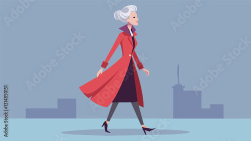An elegant older woman confidently struts down the street in a oneofakind coat designed by an elderly fashion designer known for pushing the boundaries of ageappropriate fashion.. Vector illustration