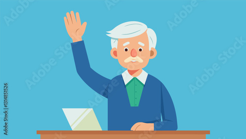 An elderly man raises his hand in class eager to ask a question and contribute to the discussion.. Vector illustration
