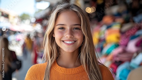 Smiling teen girl in market, outdoor portrait. Possible use Social media ad
