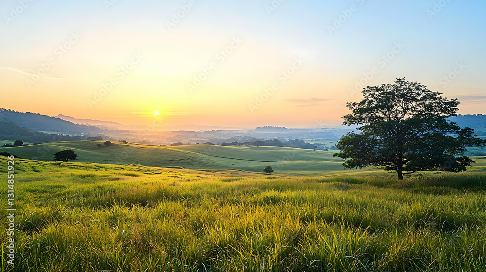 Obraz premium Golden Sunrise Over a Tranquil Green Meadow With Lush Grass a Solitary Tree and Rolling Hills in the Hazy Distance