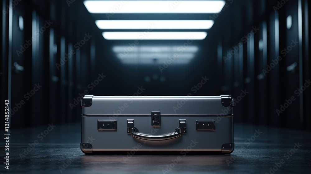 Secure Metal Suitcase in Dimly Lit Corridor Highlighting Important Security Themes Secure Metal Suitcase in Dimly Lit Corridor Highlighting Important Security Themes