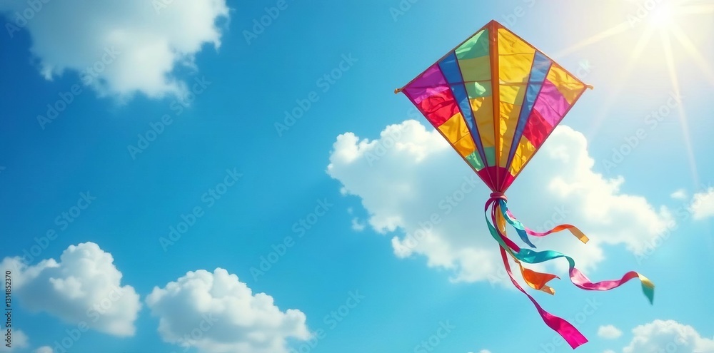 Colorful kite with waving streamers on sunny day, stripes, summer Colorful kite with waving streamers on sunny day, stripes, summer