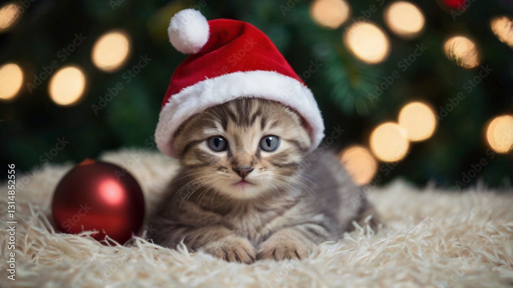 Obraz premium Cute kitten wearing santa hat lying down with festive lights in the background