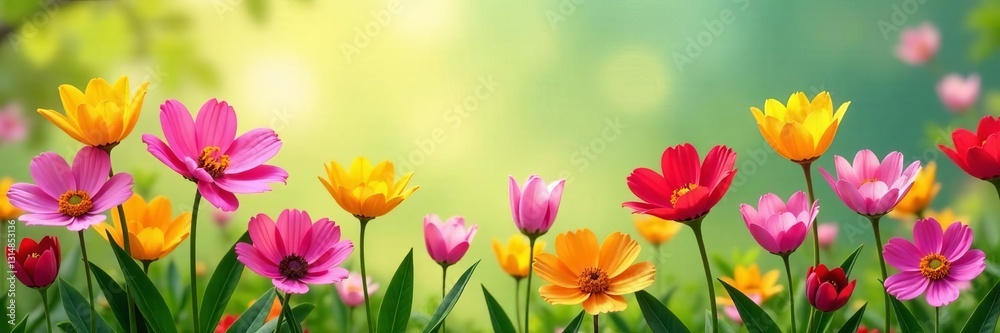 Fototapeta premium Colorful spring flowers in full bloom creating a cheerful summer background, flowers, nature