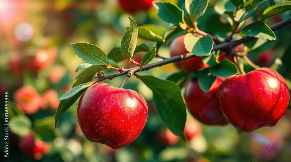 Ripe Red Apples Hanging on Tree Branch Ready for Harvest Ripe Red Apples Hanging on Tree Branch Ready for Harvest