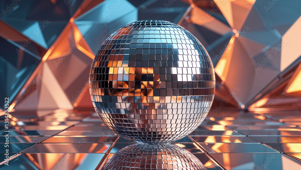 Obraz premium Sparkling disco ball reflecting geometric background in warm colors