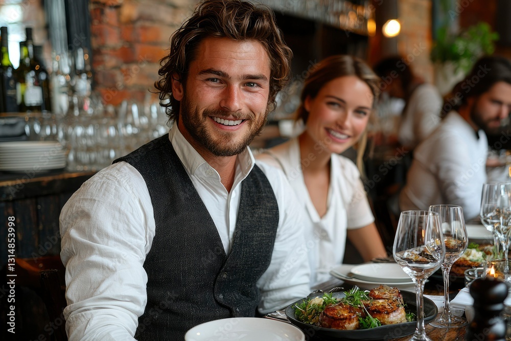 Man and Woman Smiling at the Camera in a Restaurant Man and Woman Smiling at the Camera in a Restaurant