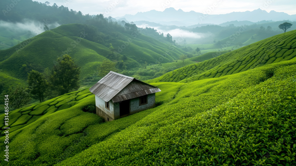 Obraz premium Tea plantations and rolling hills a wide angle of nature's beauty