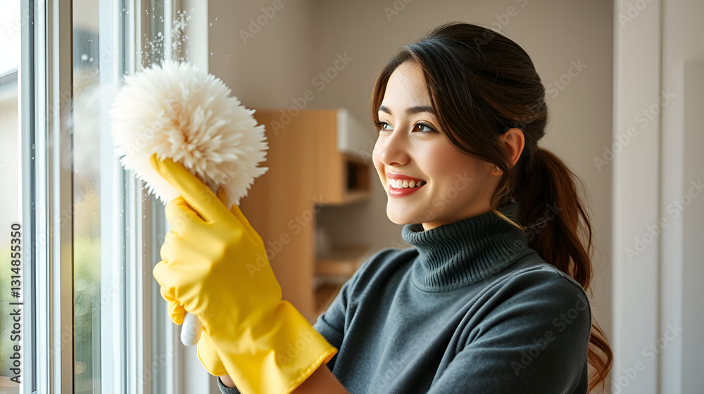 Beautiful young woman makes cleaning the house. Girl rubs dust. Woman in protective gloves is smiling and wiping dust using a duster while cleaning her house. Beautiful young woman makes cleaning the house. Girl rubs dust. Woman in protective gloves is smiling and wiping dust using a duster while cleaning her house.