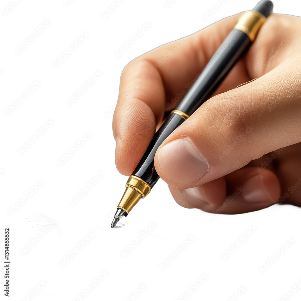 Hand holding a pen, focused gesture of writing in a blank space, ideal for notes or creative ideas, minimalistic design. Isolated on white background or PNG Hand holding a pen, focused gesture of writing in a blank space, ideal for notes or creative ideas, minimalistic design. Isolated on white background or PNG