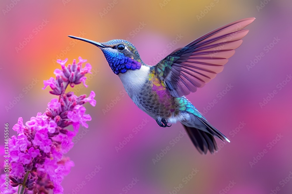 Fototapeta premium Vibrant Hummingbird Hovering Next to Delicate Pink Flowers in Nature