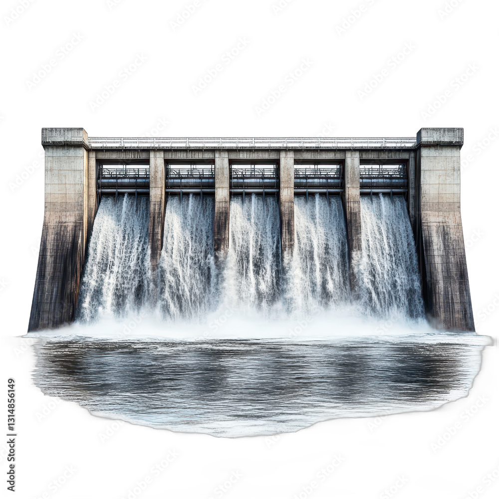 Majestic dam showcasing cascading waterfalls, concrete structure with flowing water, nature's power, tranquility and strength. Isolated on white background or PNG Majestic dam showcasing cascading waterfalls, concrete structure with flowing water, nature's power, tranquility and strength. Isolated on white background or PNG