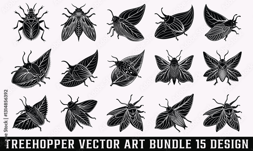 Fototapeta premium Treehopper Vector Art Bundle – Exquisite hand-drawn illustrations on a clean white background. High-quality vector artwork with intricate, artistic details for creative projects.