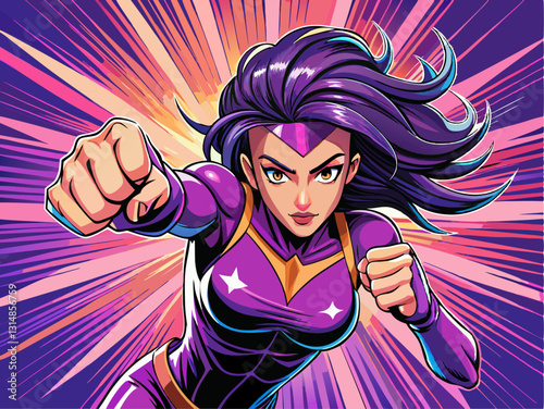Pop art comic book style super heroine whith violet hair punching with female superhero costume poster design wall decoration illustration
