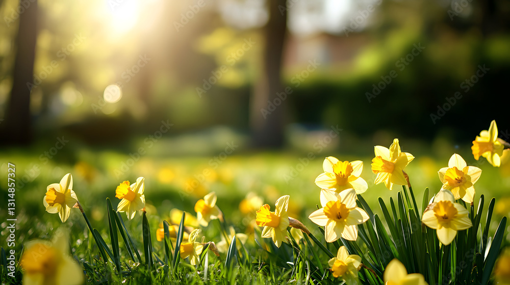 A vibrant meadow filled with daffodils, their bright yellow petals shining under the warm spring sun. A vibrant meadow filled with daffodils, their bright yellow petals shining under the warm spring sun.