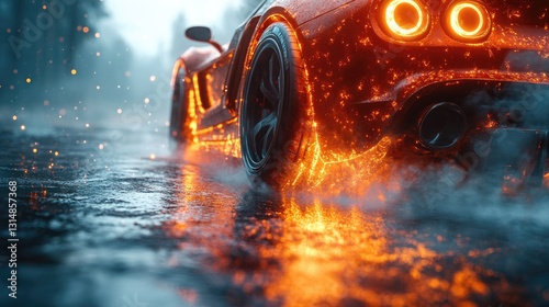 A sleek, dark sports car is shown from a rear angle,