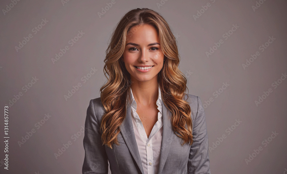 Woman with long hair is smiling and wearing a business suit. She looks confident and professional. Concept of success and accomplishment Woman with long hair is smiling and wearing a business suit. She looks confident and professional. Concept of success and accomplishment