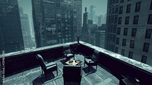 Rooftop lounge, city view, rainy day, futuristic cityscape