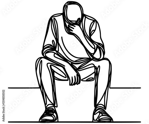 sit and frustrated man, one line art, isolated on white