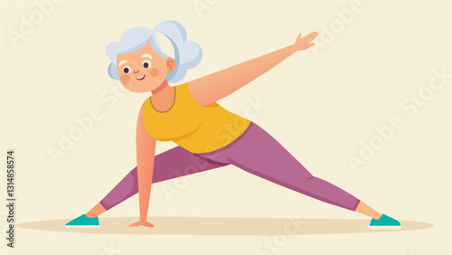 A senior woman enthusiastically completing a stretching routine during a fitness challenge for older adults.. Vector illustration