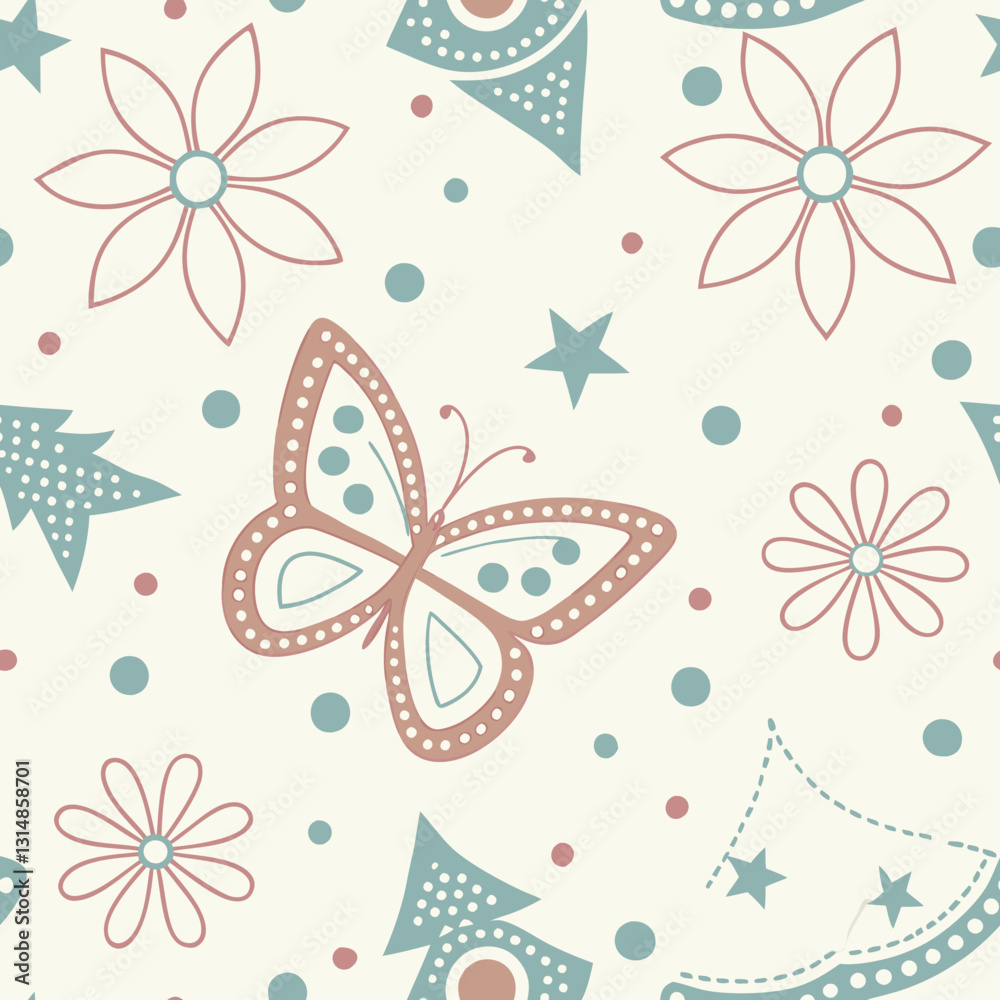 Butterfly and floral Pattern: A repeating pattern featuring a delicate butterfly surrounded by stylized flowers and stars. This design offers a sense of whimsy and aesthetic appeal. Butterfly and floral Pattern: A repeating pattern featuring a delicate butterfly surrounded by stylized flowers and stars. This design offers a sense of whimsy and aesthetic appeal.
