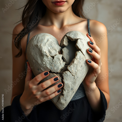 mujer sosteniendo un roto corazon de piedra unido de nuevo y pegado por la fe y confianza amor corazon roto y tristeza sentimientos y emociones