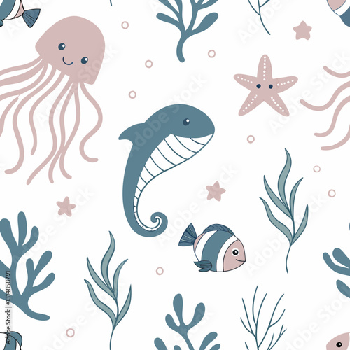 Ocean Friends Seamless Pattern: A whimsical seamless pattern with adorable cartoon illustrations of ocean creatures including jellyfish, whale, starfish, fish, and seaweed, perfect for textiles.