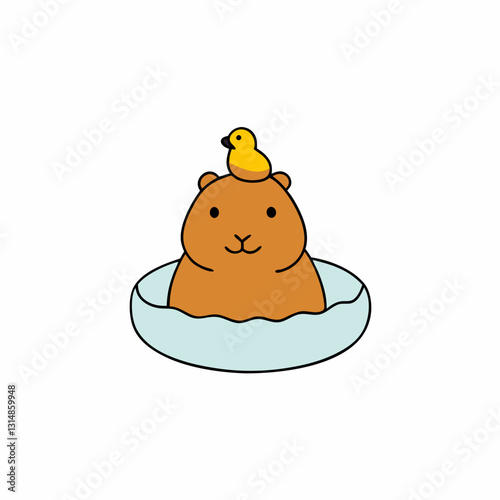 Sticker design A round, happy capybara sitting in a hot spring