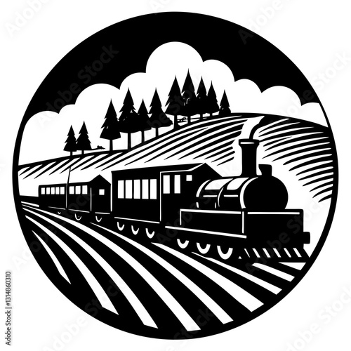 Village train passing through fields   silhouette vector illustration 