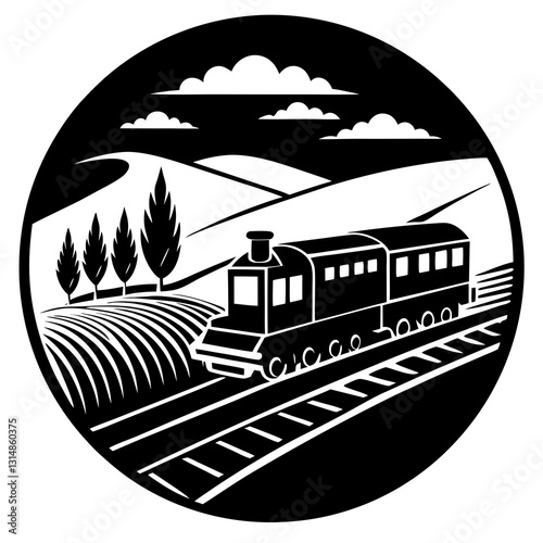 Village train passing through fields  silhouette vector illustration 