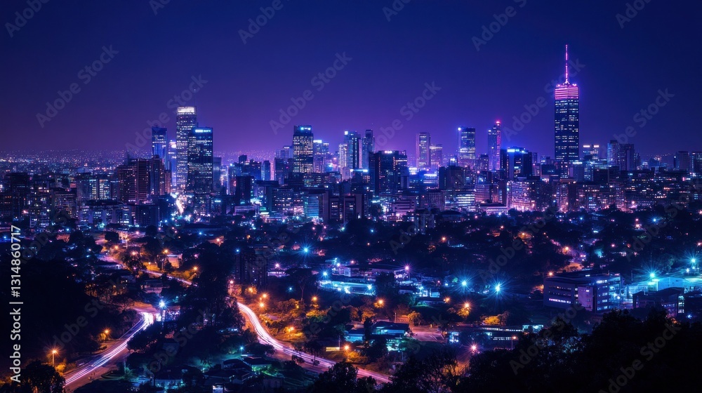 Obraz premium Johannesburg Nightscape: A Panoramic View of South Africa's City of Gold at Night
