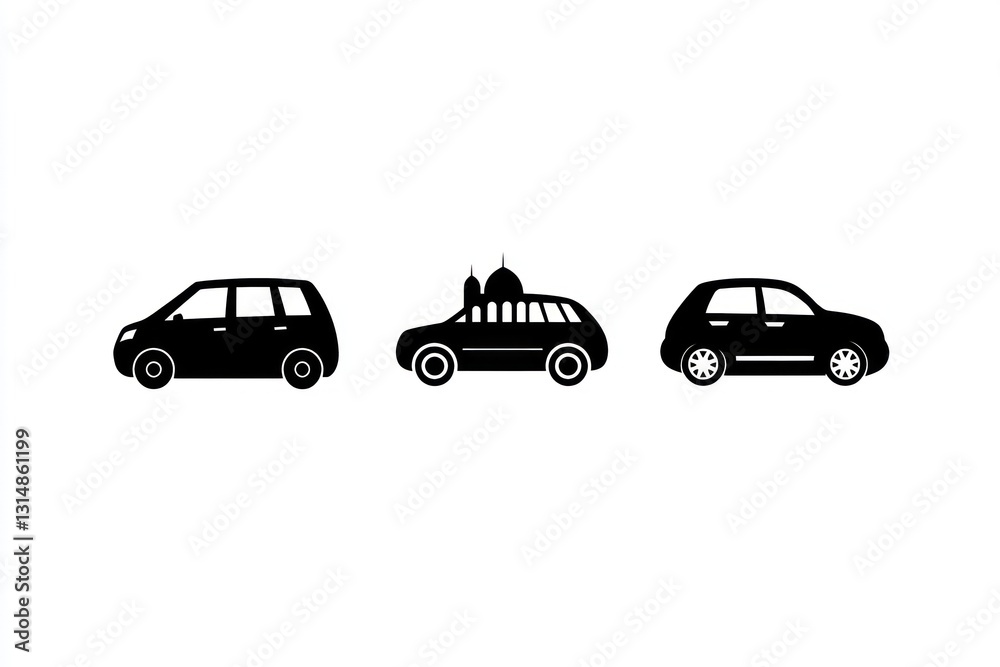 Three car silhouettes; minivan, mosque-topped car, hatchback; white background; travel icon Three car silhouettes; minivan, mosque-topped car, hatchback; white background; travel icon