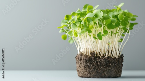 Bundle of fresh microgreens with roots and soil on a monotonous gray background, items isolated on light grey background, studio shot, copy space for text