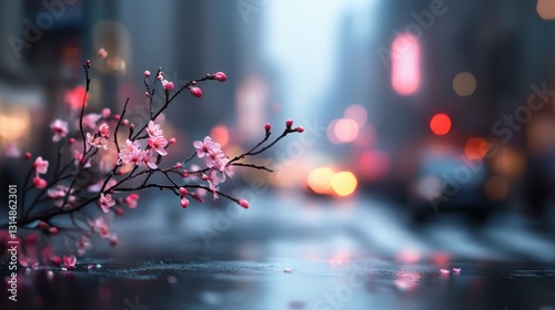 Cherry blossom branch in urban evening cityscape