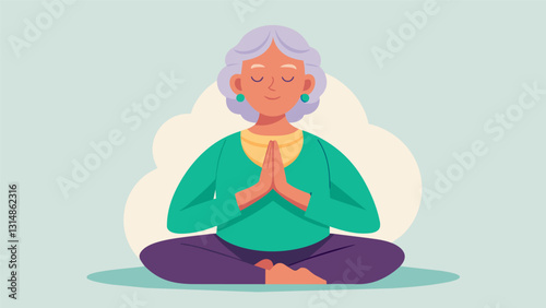 A woman in her 80s closes her eyes and breathes deeply as she practices a seated meditation using visualization techniques to release tension and discomfort in her body.. Vector illustration