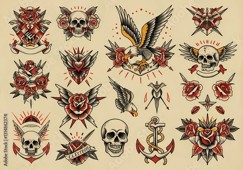 Traditional American Tattoo Flash Sheet: A Collection of Classic Designs