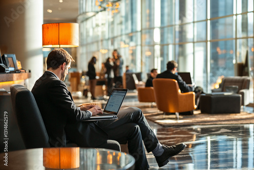 Businessman working in modern hotel lobby during day